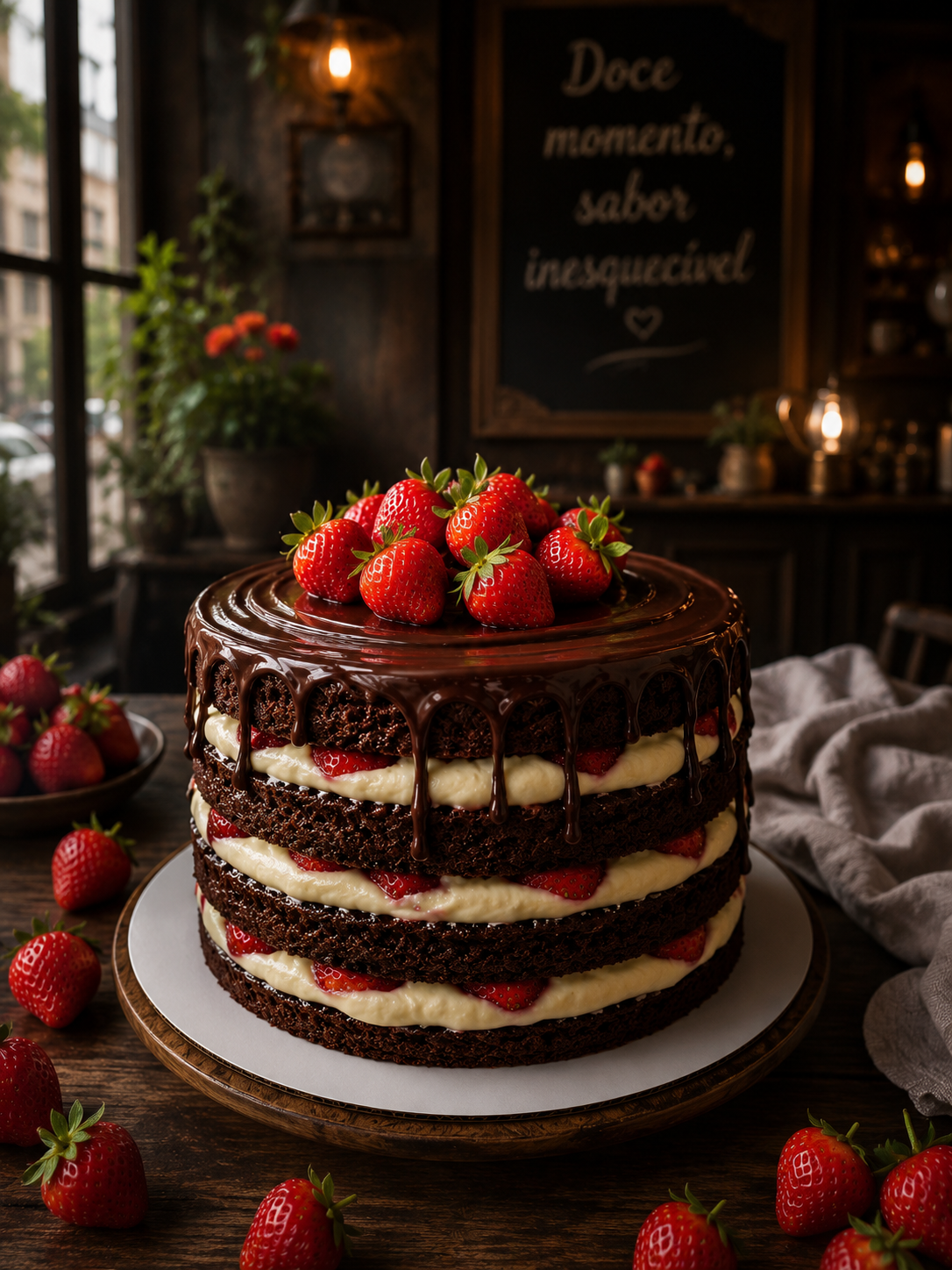 Bolo de chocolate artesanal com morangos frescos
